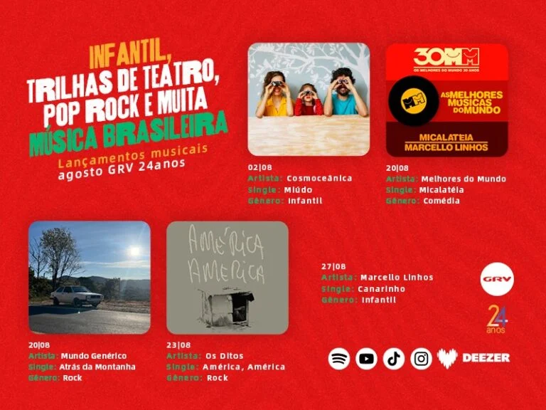 Em agosto, o público infantil, trilhas de teatro, pop rock e muita música brasileira são as marcas da GRV
